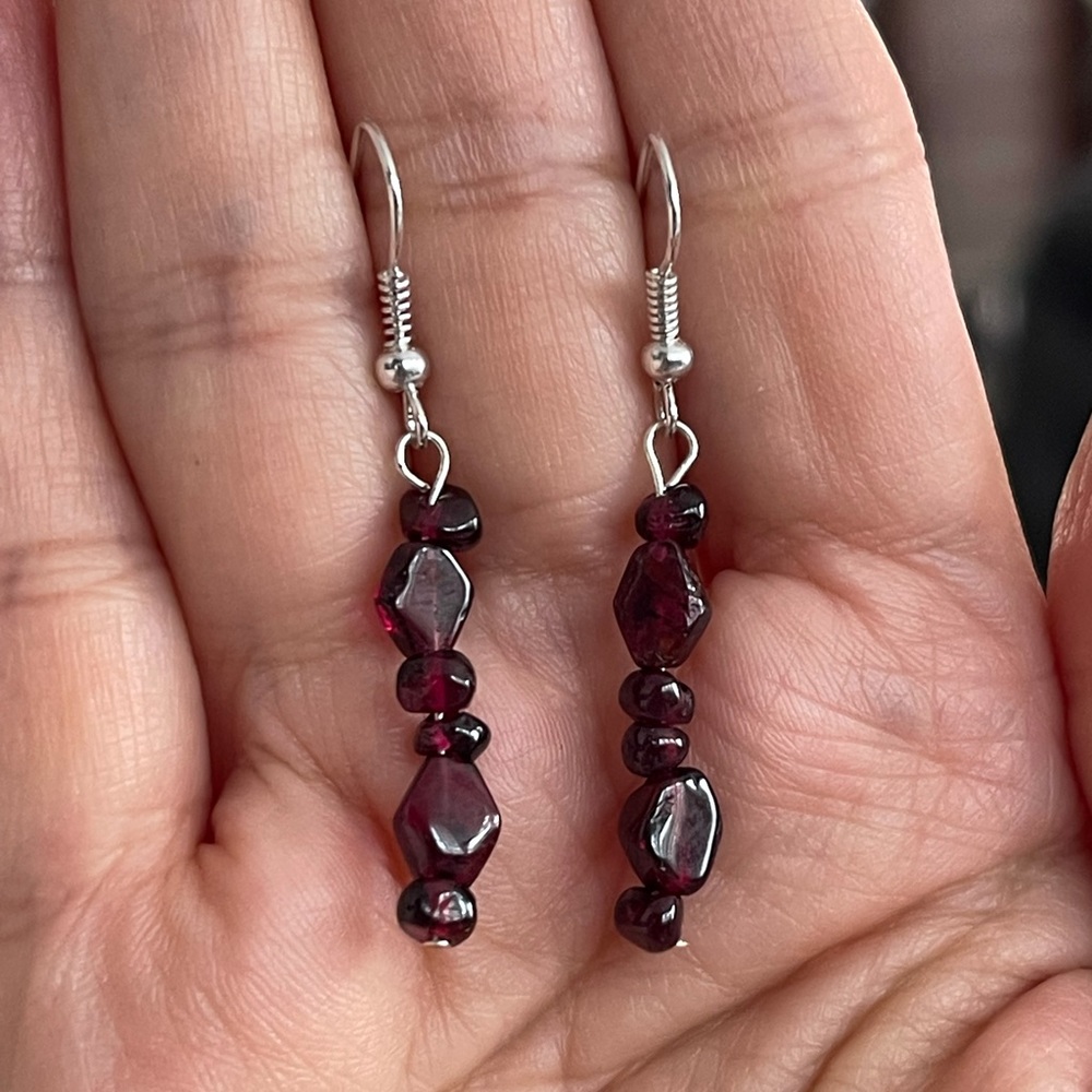 Genuine garnet multi bead silver plated drop earrings